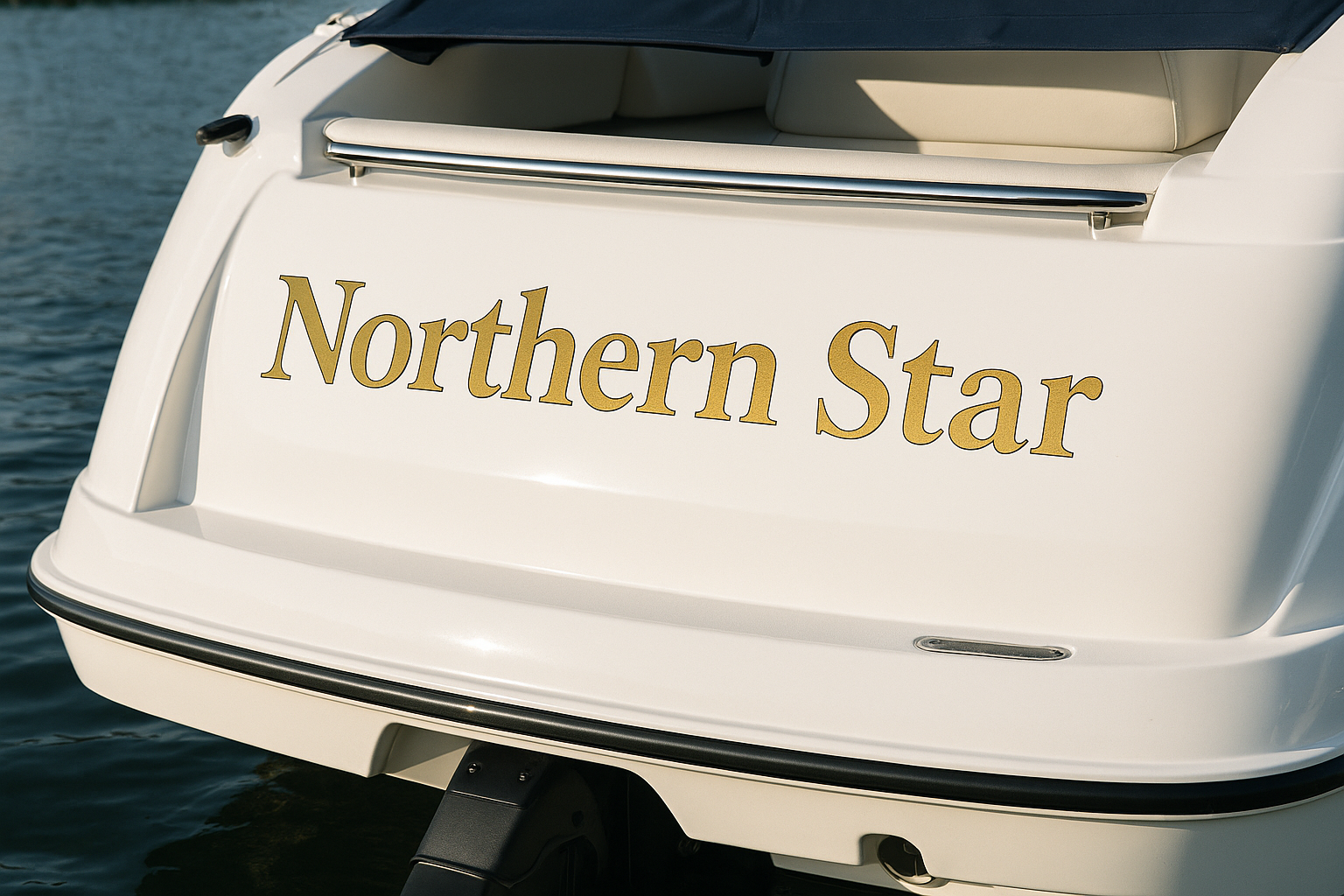 Custom boat name lettering applied to a boat transom