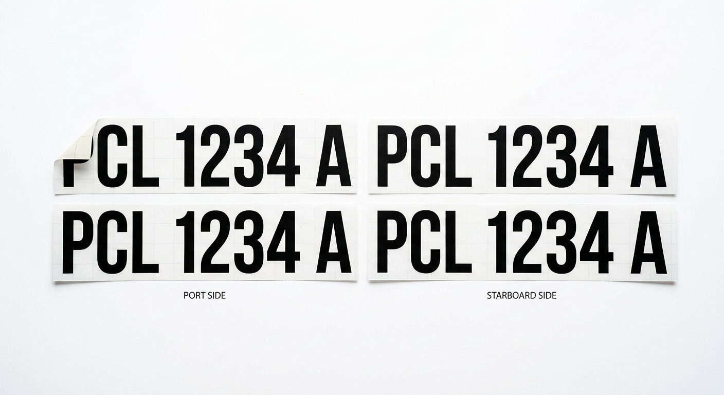 Black Pleasure Craft Licence number decal set laid out for port and starboard sides
