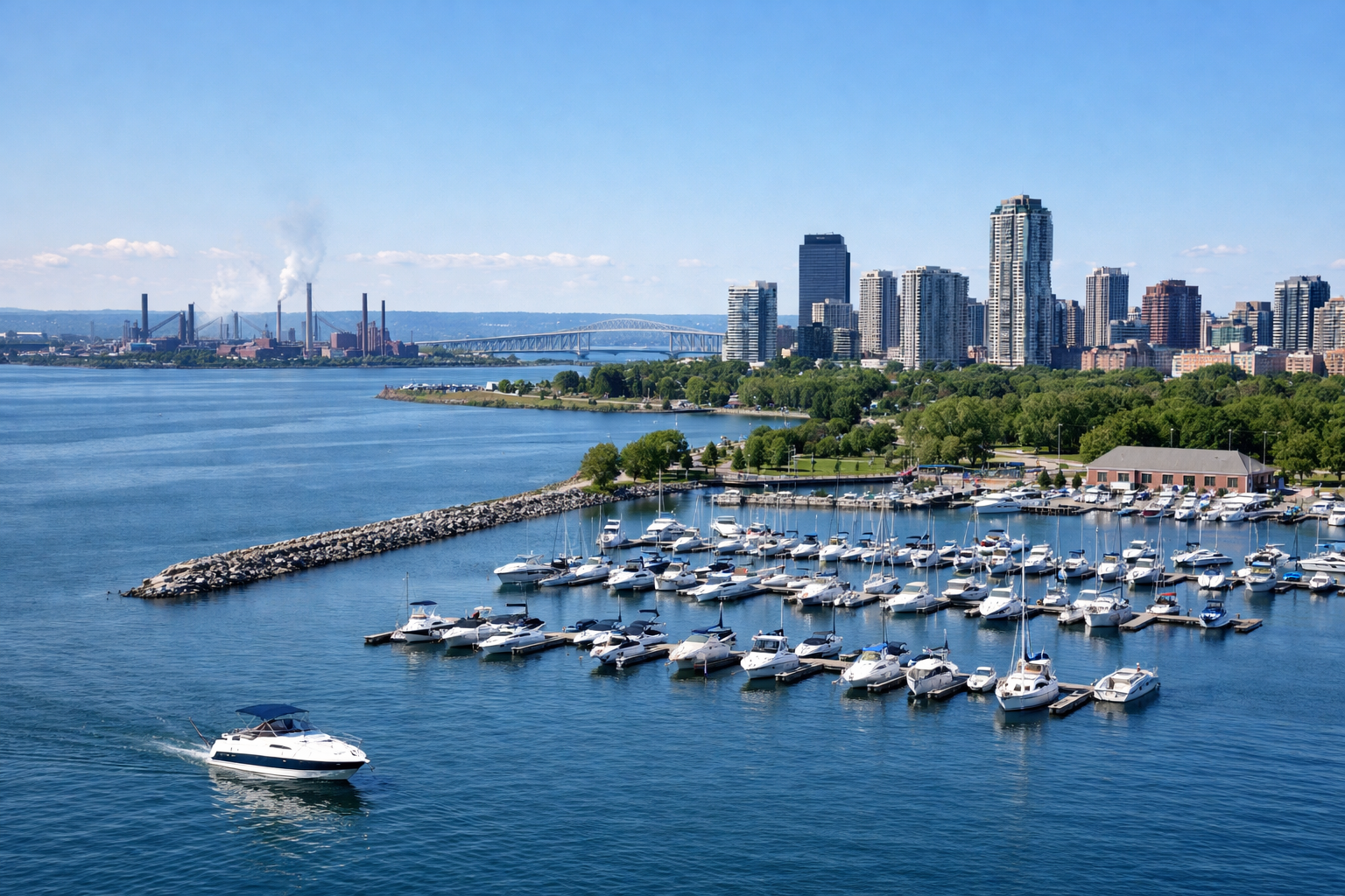 Hamilton Harbour marina and skyline view