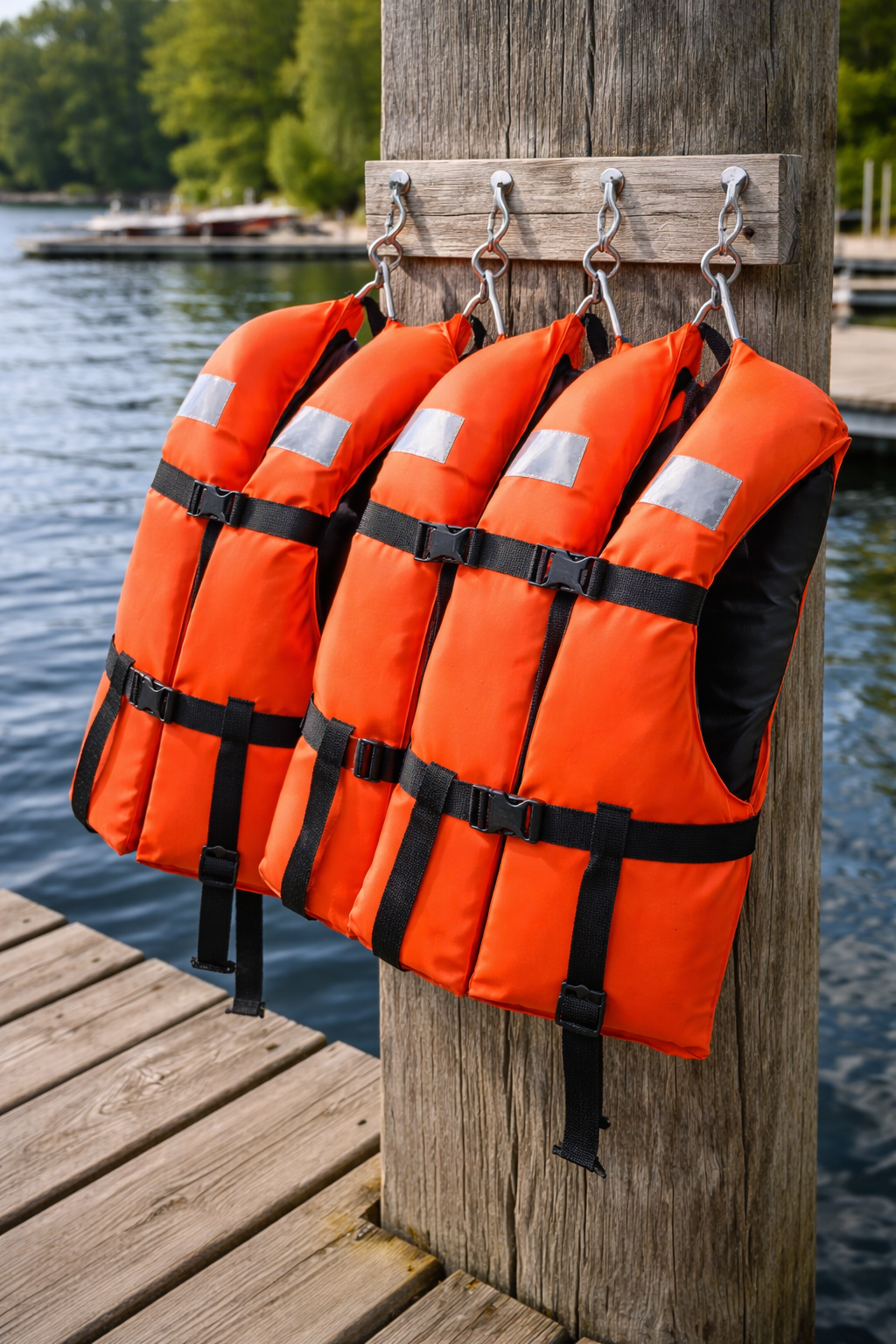 Bright orange life jackets hanging on a dock post beside calm water
