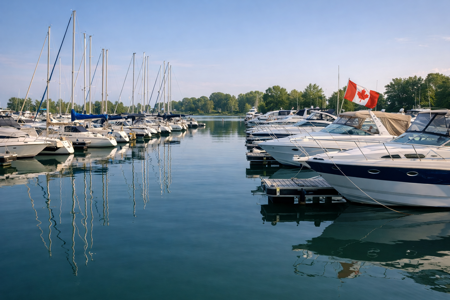 Docked boats and marina slips in Ontario